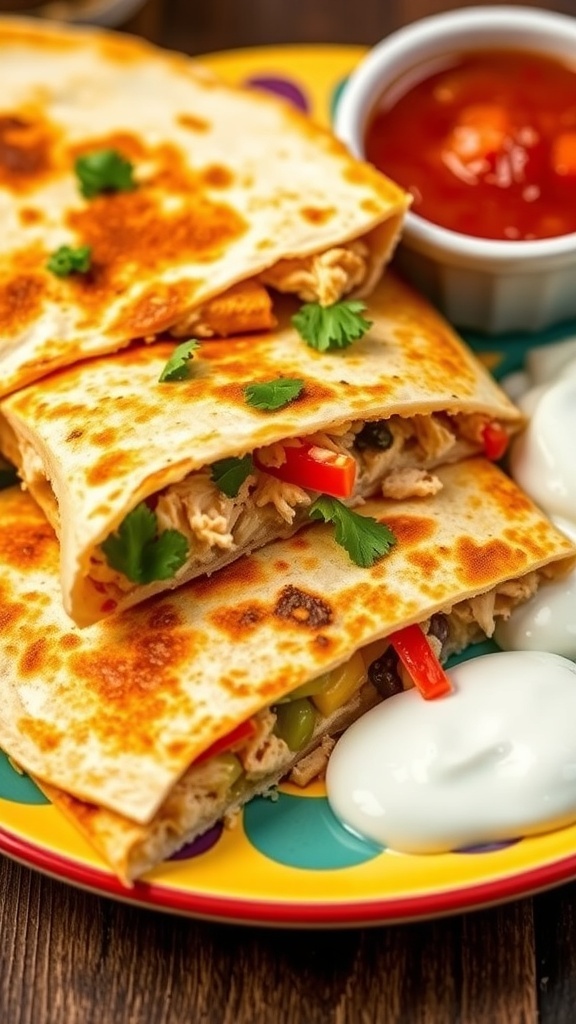 Low-calorie chicken quesadilla filled with chicken, bell peppers, and cheese, served with salsa and yogurt.